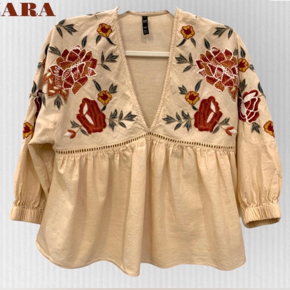 EUC - ZARA’s trf collection Boho Floral Embroidered Top-Women, Sz Sm (Oversized)